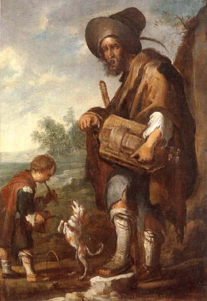 unknow artist A Blind man playing a hurdy-gurdy,together with a young boy playing the drums,with a dancing dog oil painting image
